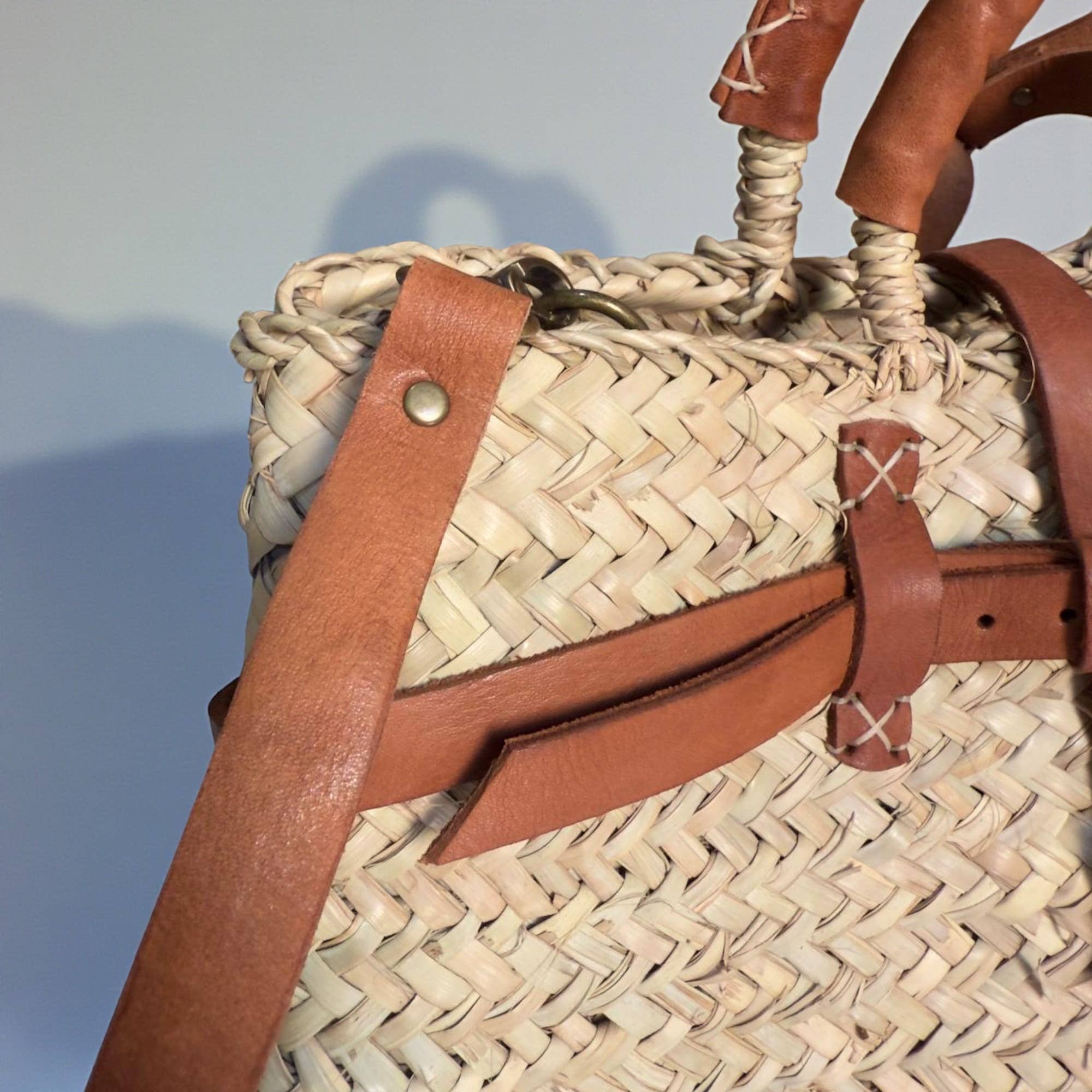 Woven Straw Market Basket Bag Leather Crossbody Tote: Medium