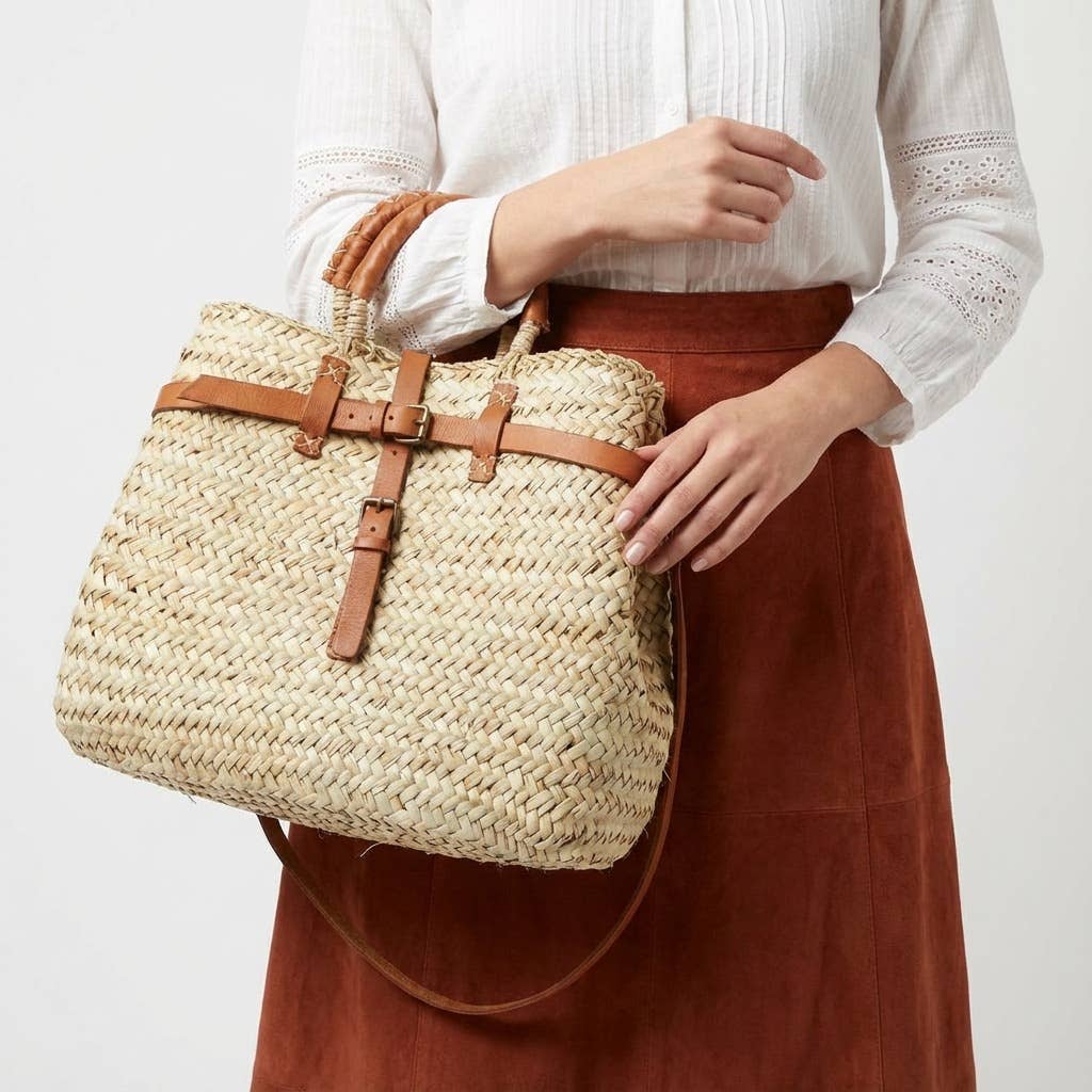 Woven Straw Market Basket Bag Leather Crossbody Tote: Medium