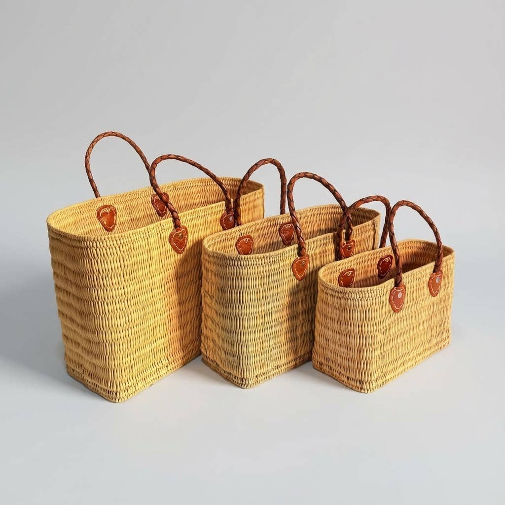 Reed Storage Baskets - Leather Handles Beach Basket: Short Handles / Set of 3