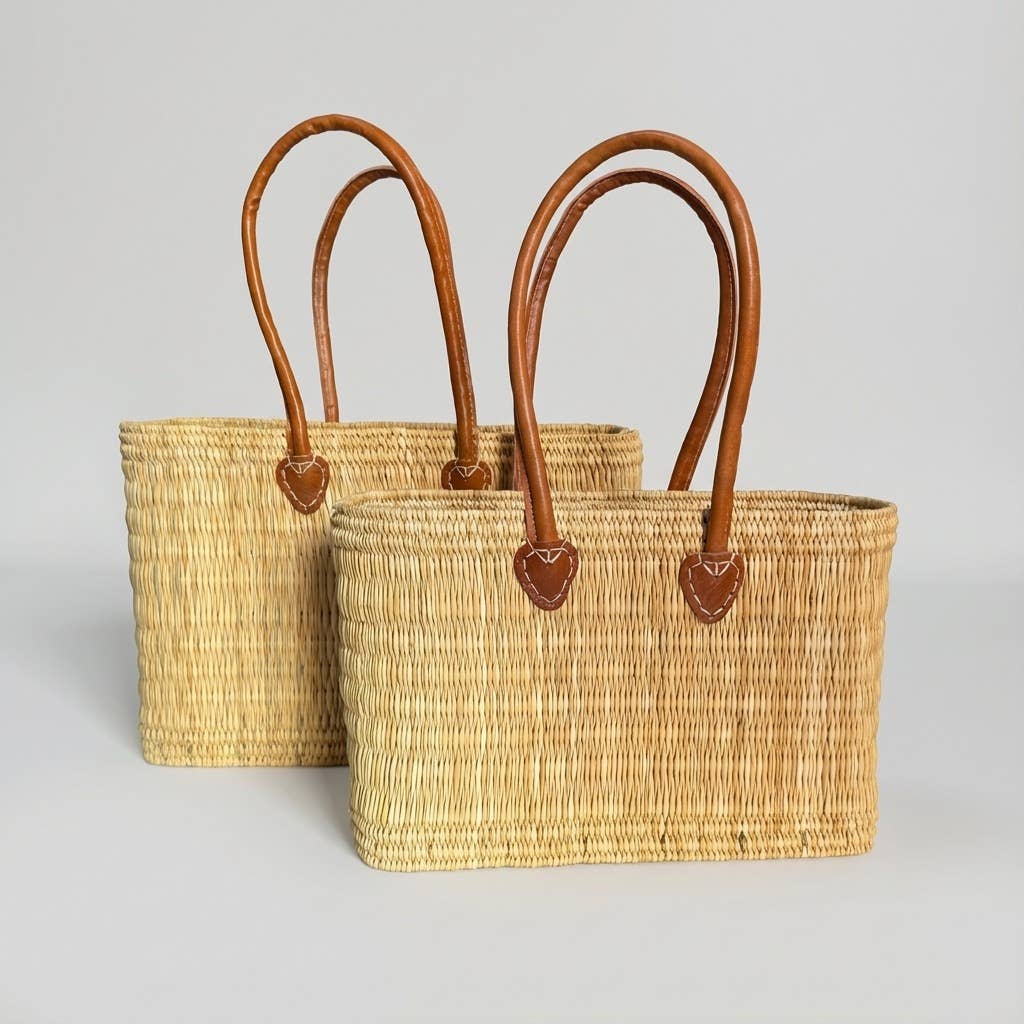 Reed Market Basket Leather Handles - Natural Woven Tote Bag: Short Handles / Set of 3