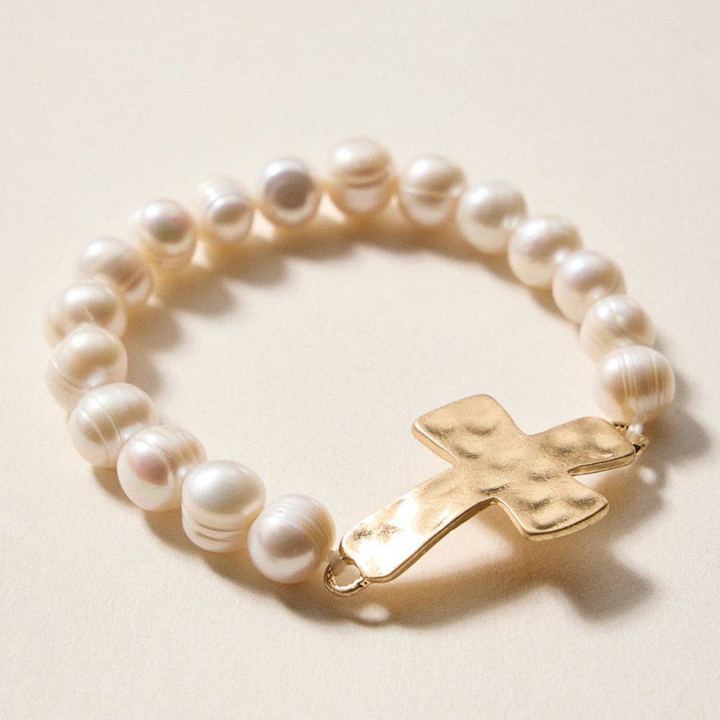 Freshwater Pearl Beaded Bracelet with Cross Charm | Stretch Faith Bracelet: FWP / ONE