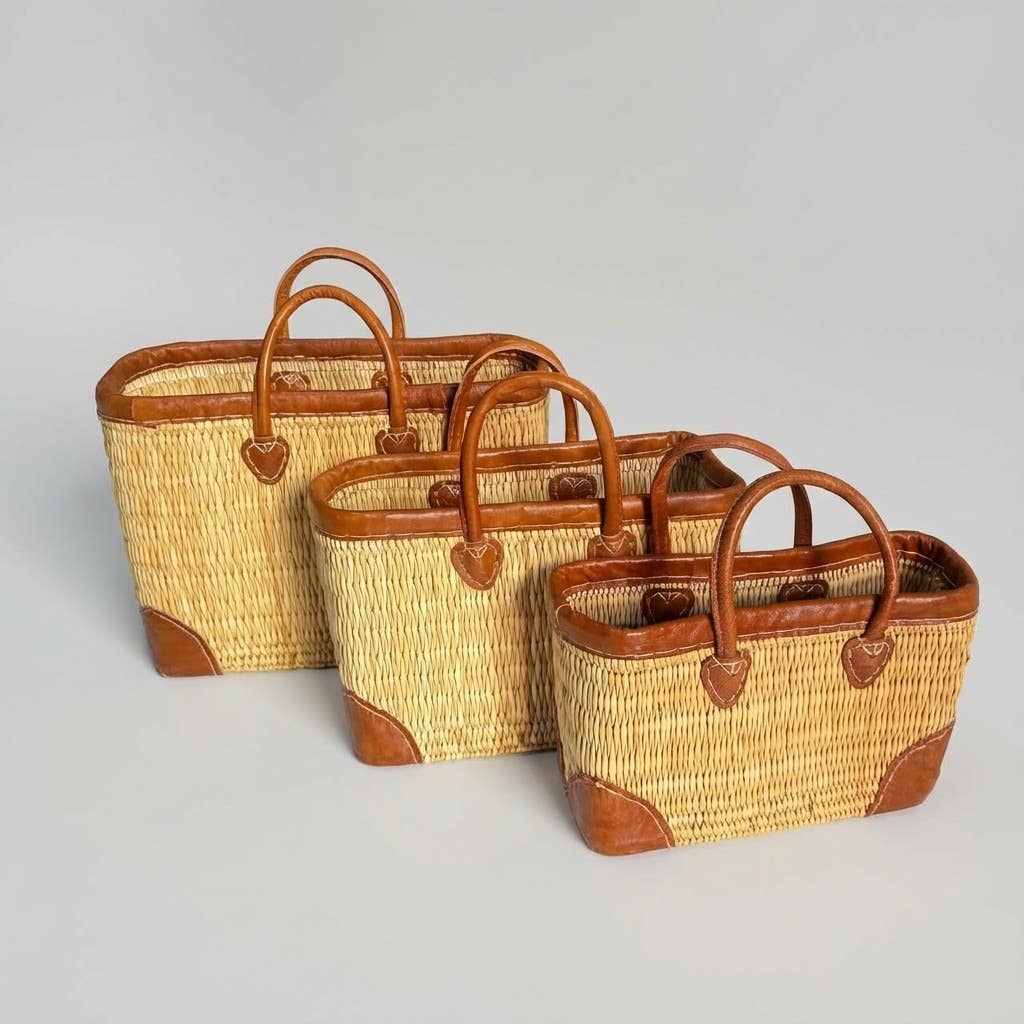 Luxury Woven Reed Market Basket Leather Trim Tote Bag: Short Handles / Set of 3