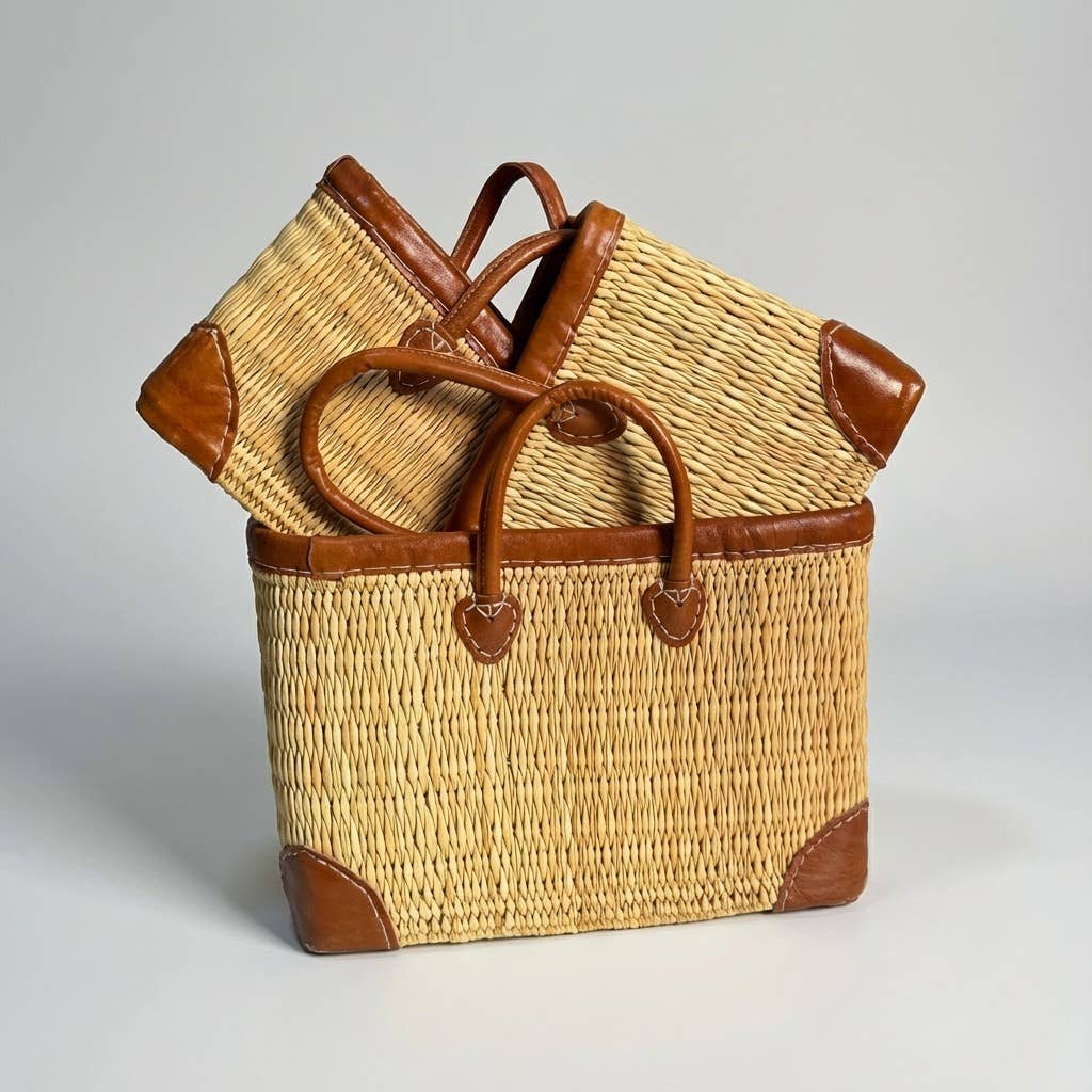 Luxury Woven Reed Market Basket Leather Trim Tote Bag: Short Handles / Set of 3