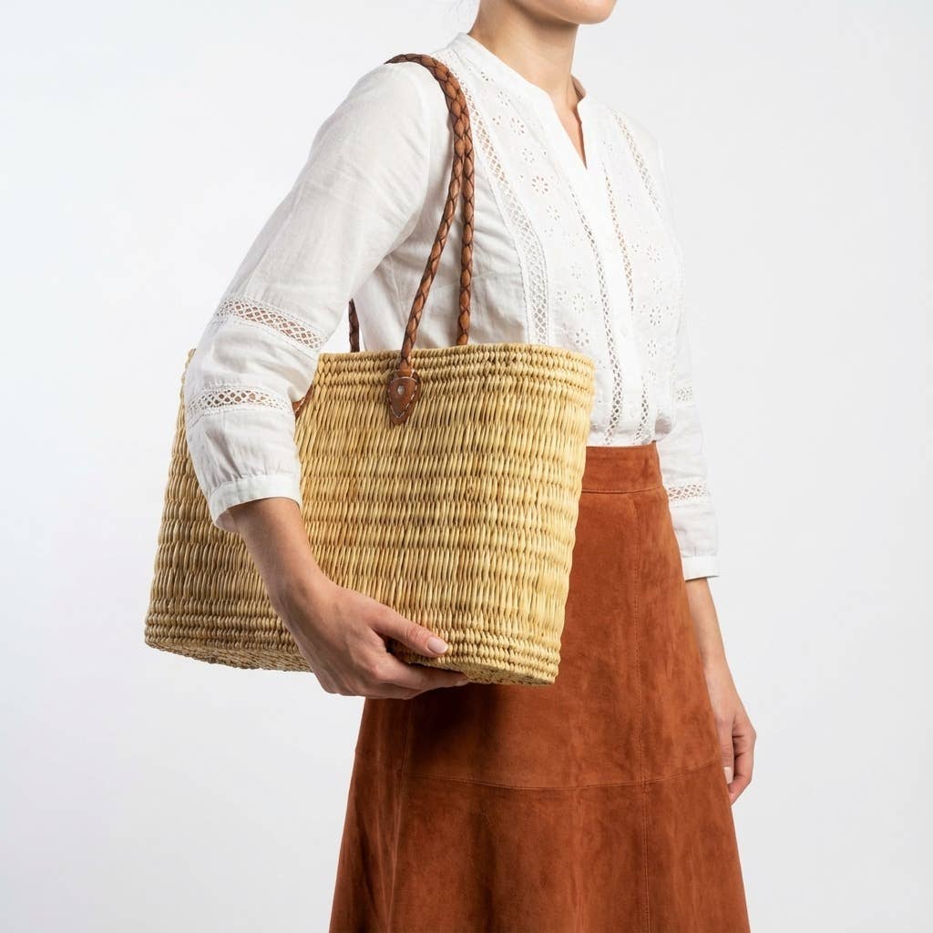 Reed Storage Baskets - Leather Handles Beach Basket: Short Handles / Set of 3