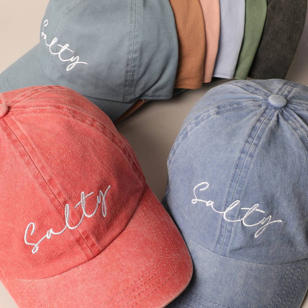 Salty Lettering Embroidery Baseball Cap: VINTAGE BLUE / One Size