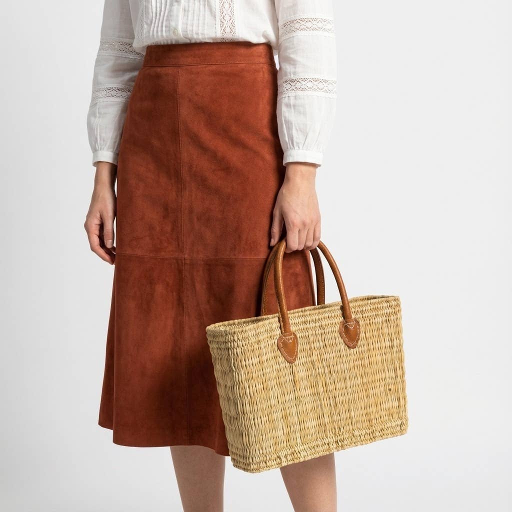 Reed Market Basket Leather Handles - Natural Woven Tote Bag: Short Handles / Set of 3