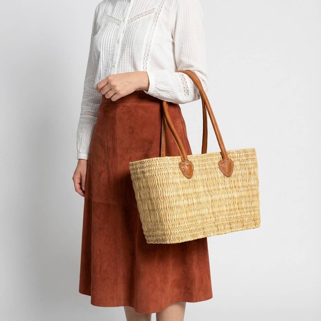 Reed Market Basket Leather Handles - Natural Woven Tote Bag: Short Handles / Set of 3