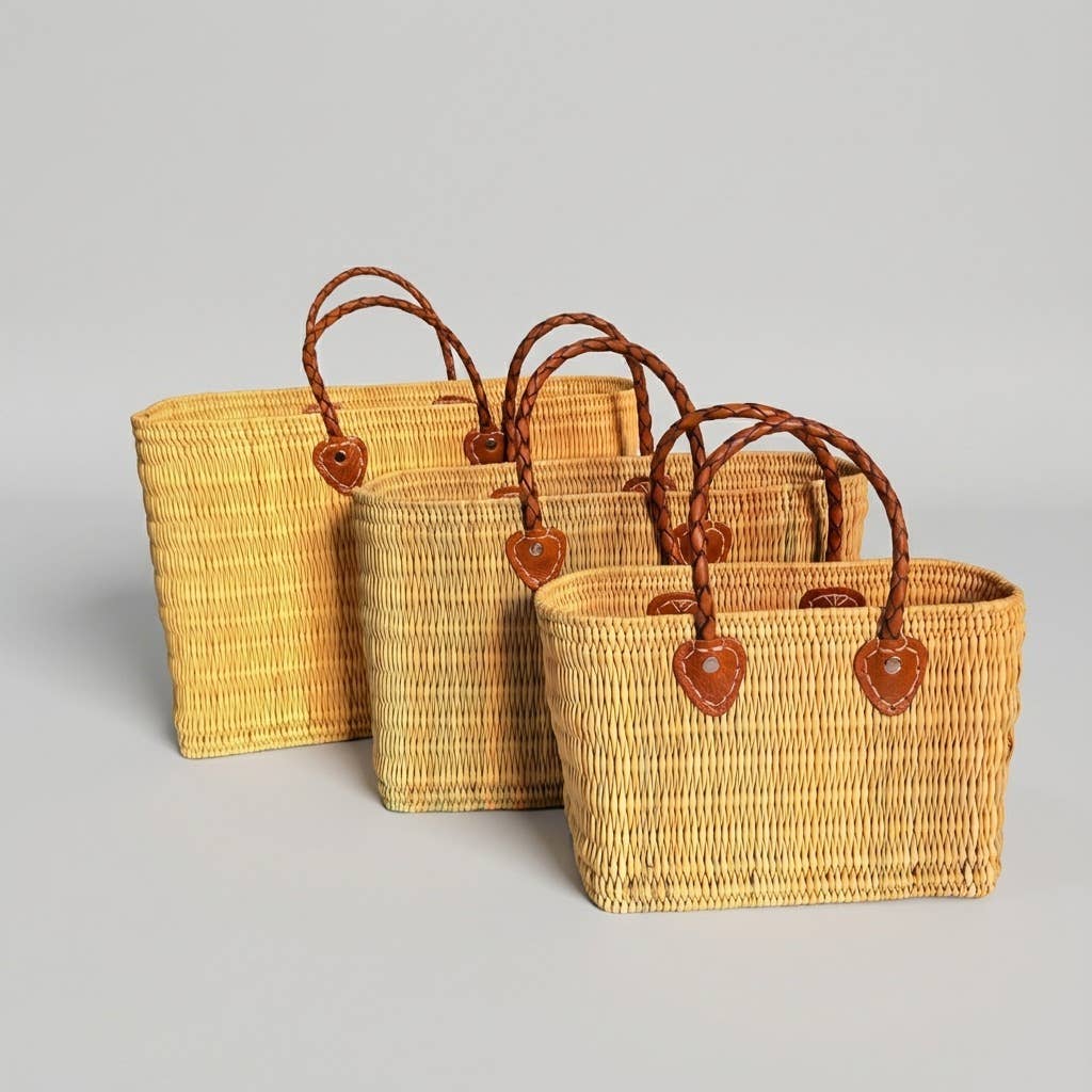 Reed Storage Baskets - Leather Handles Beach Basket: Short Handles / Set of 3