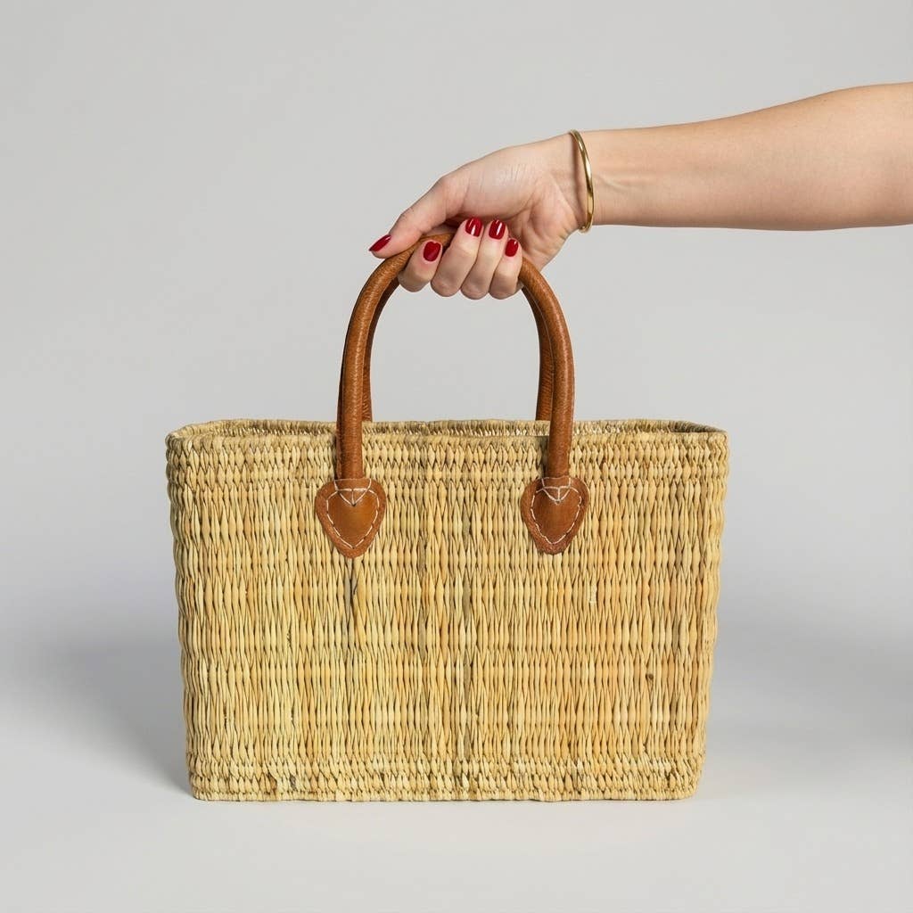 Reed Market Basket Leather Handles - Natural Woven Tote Bag: Short Handles / Set of 3