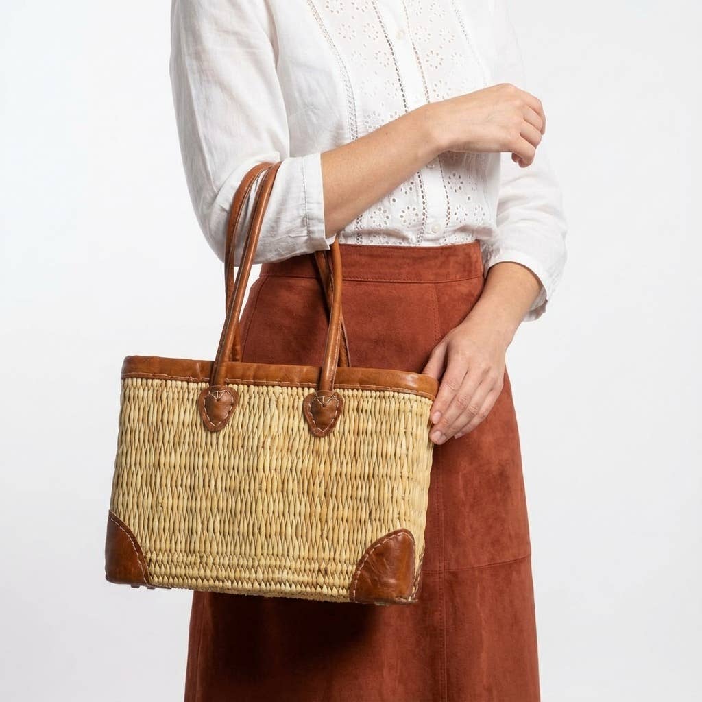 Luxury Woven Reed Market Basket Leather Trim Tote Bag: Short Handles / Set of 3