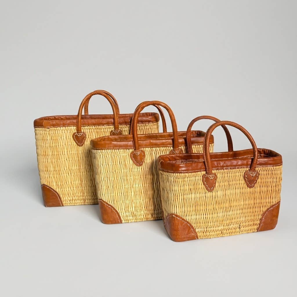 Luxury Woven Reed Market Basket Leather Trim Tote Bag: Short Handles / Set of 3