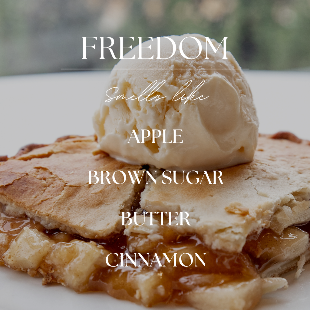 Freedom | Baked Apple Pie | 9 oz. Clear Jar Soy Candle: Natural Wood Lid