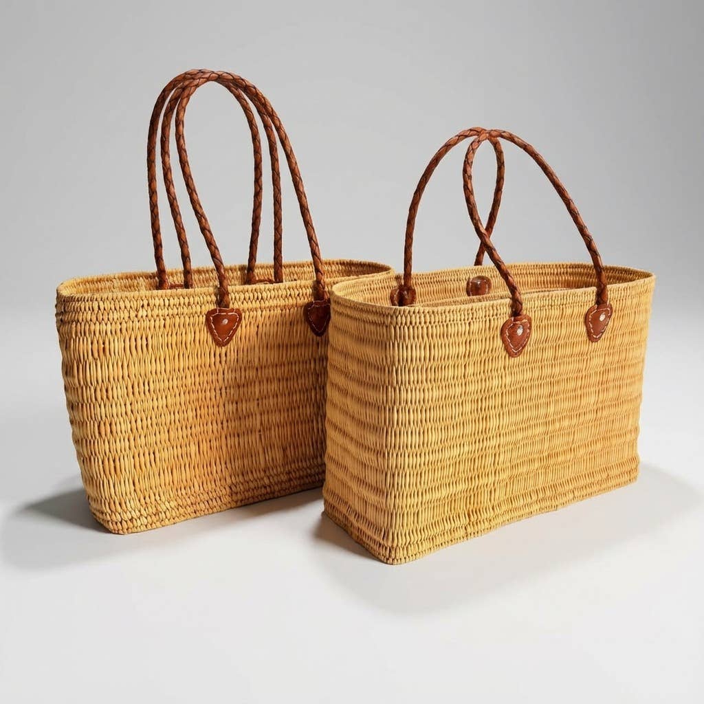 Reed Storage Baskets - Leather Handles Beach Basket: Short Handles / Set of 3
