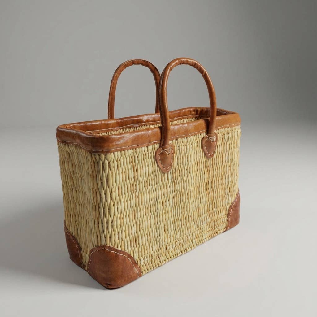 Luxury Woven Reed Market Basket Leather Trim Tote Bag: Short Handles / Set of 3