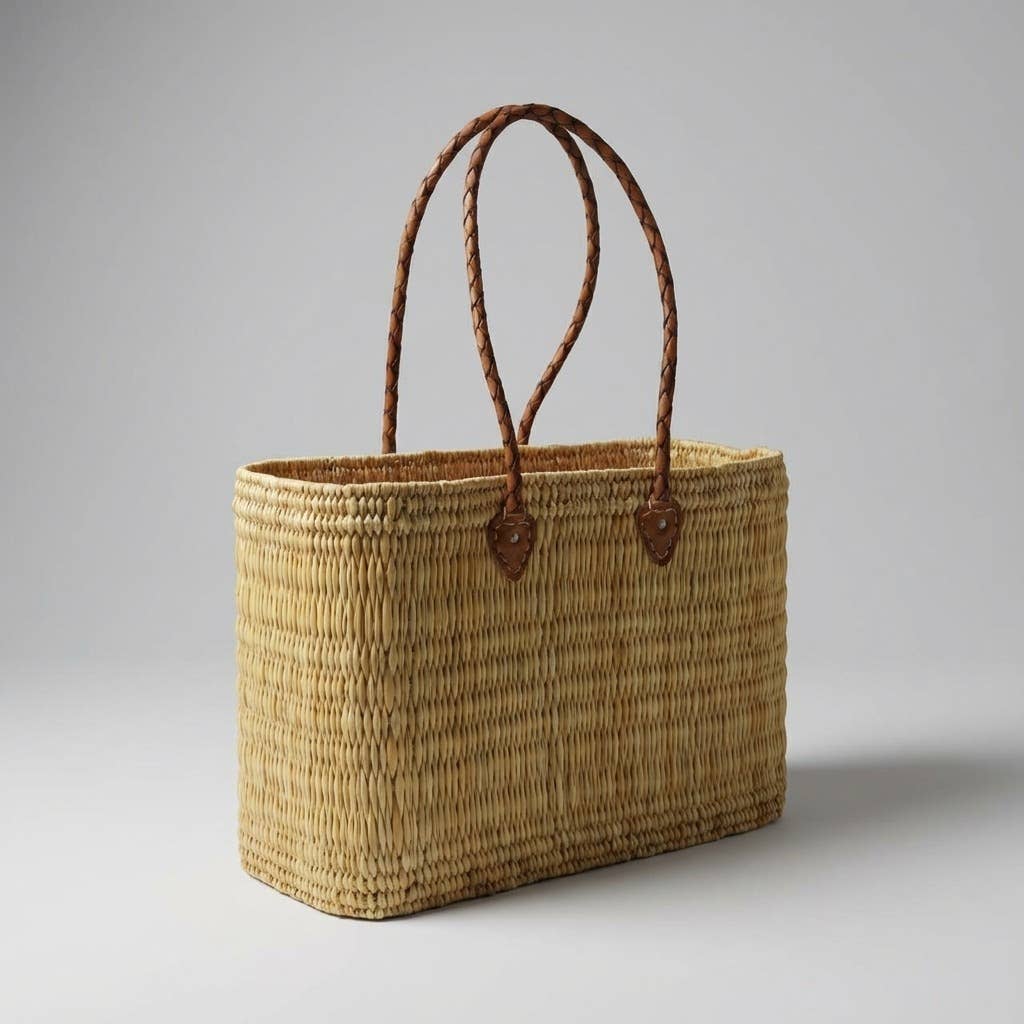 Reed Storage Baskets - Leather Handles Beach Basket: Short Handles / Set of 3