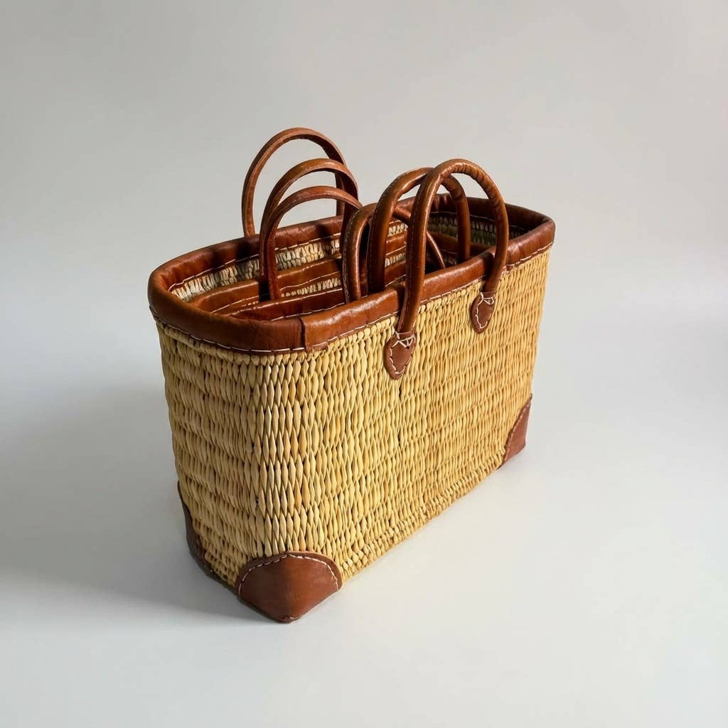 Luxury Woven Reed Market Basket Leather Trim Tote Bag: Short Handles / Set of 3