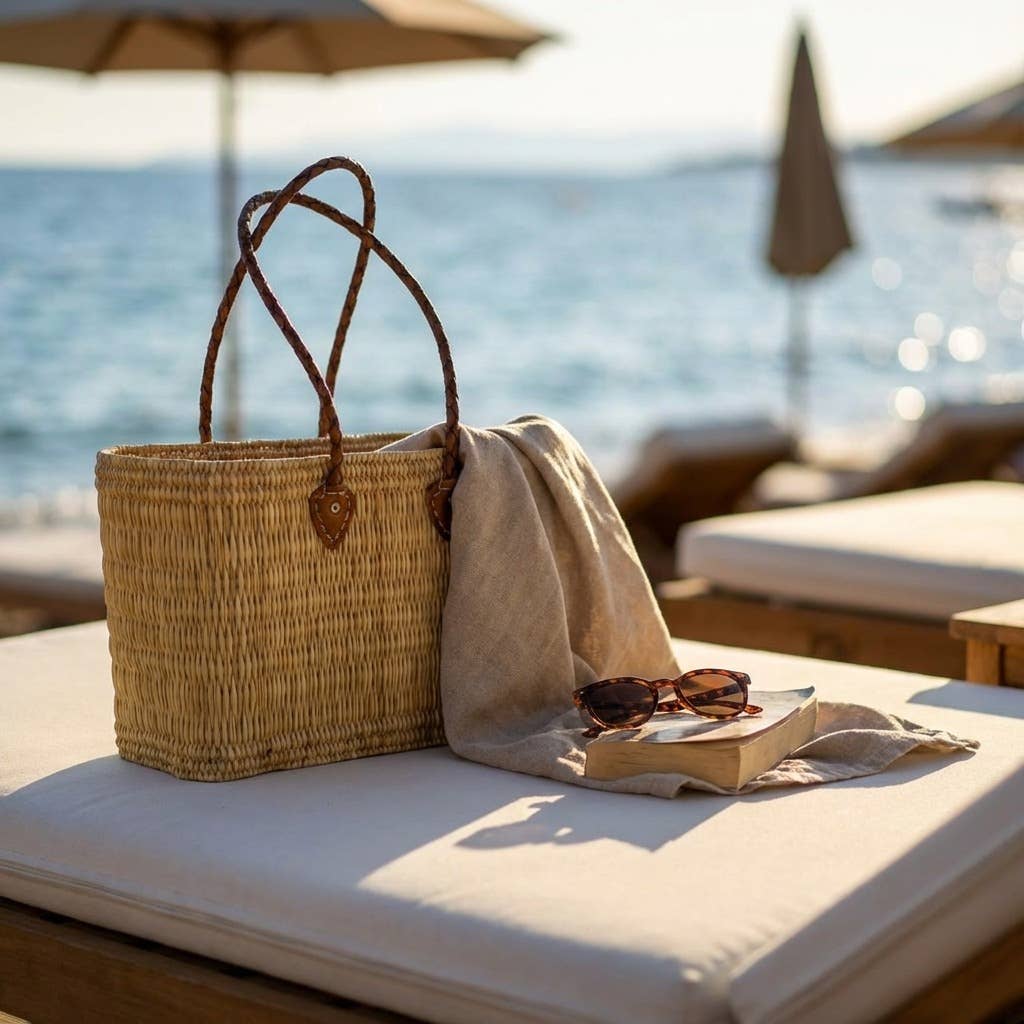 Reed Storage Baskets - Leather Handles Beach Basket: Short Handles / Set of 3