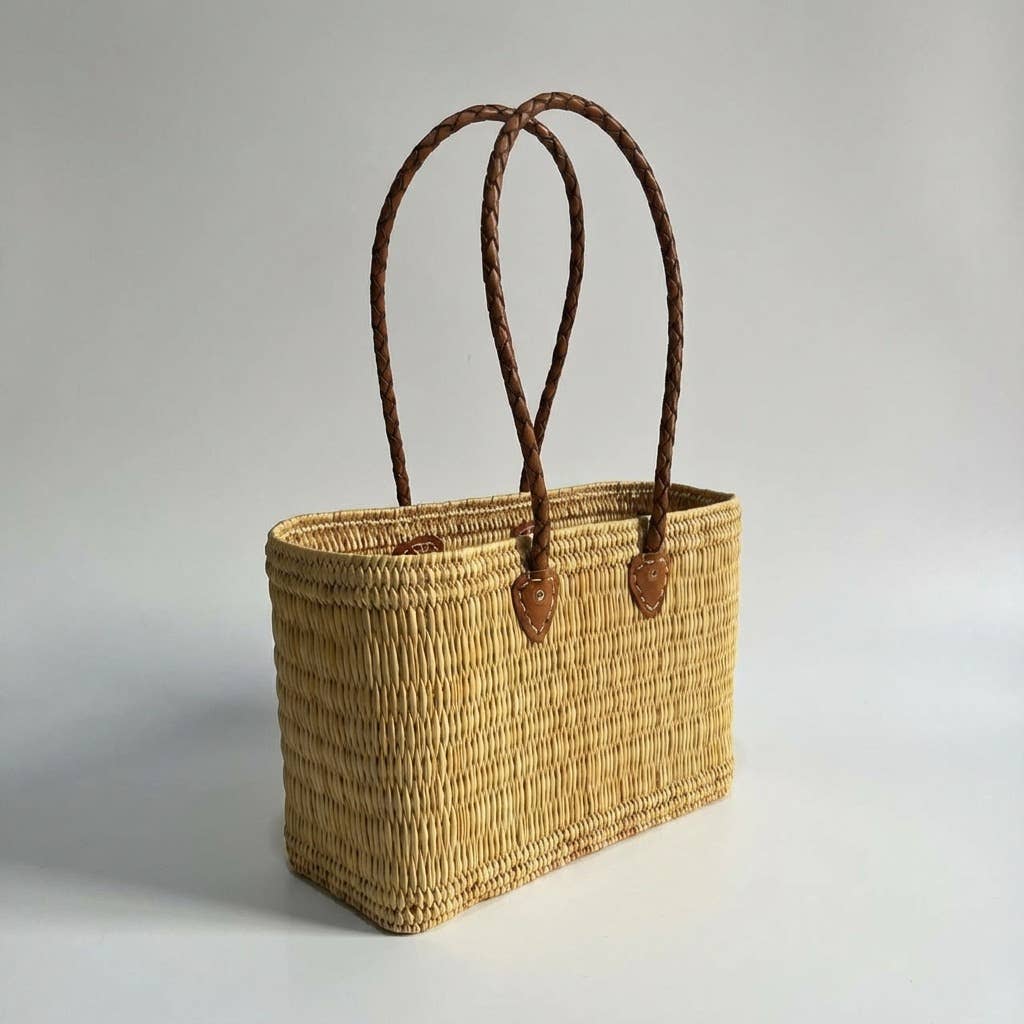 Reed Storage Baskets - Leather Handles Beach Basket: Short Handles / Set of 3
