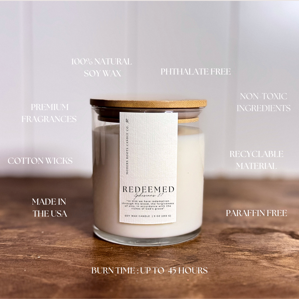 Redeemed | Eucalyptus & Mint | 9 oz. Clear Jar Soy Candle: Natural Wood Lid