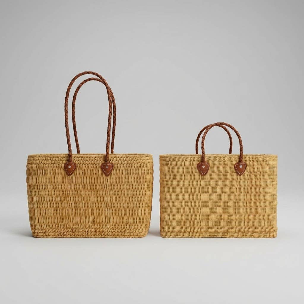 Reed Storage Baskets - Leather Handles Beach Basket: Short Handles / Set of 3