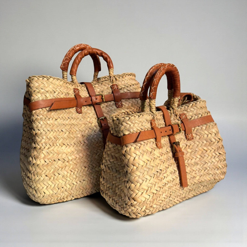 Woven Straw Market Basket Bag Leather Crossbody Tote: Medium
