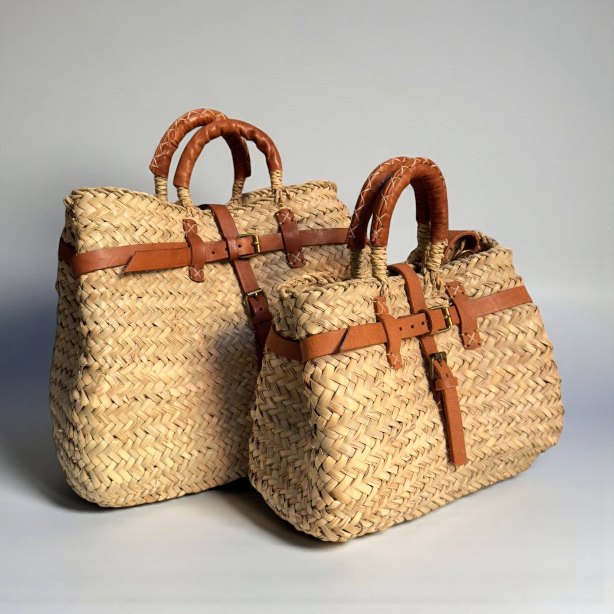Woven Straw Market Basket Bag Leather Crossbody Tote: Medium