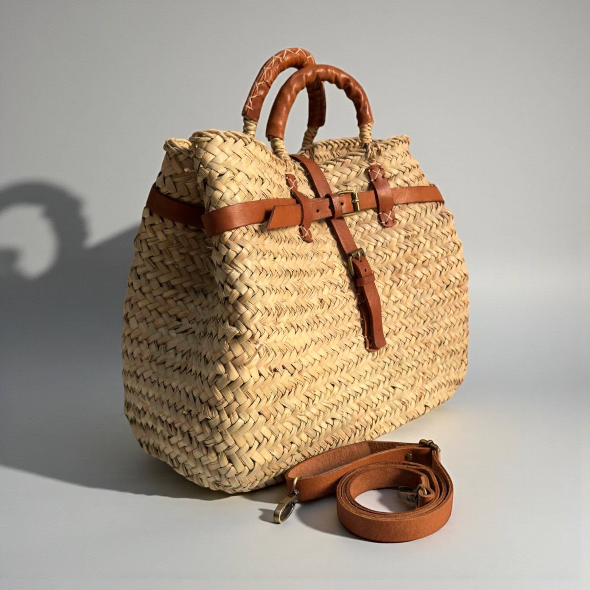 Woven Straw Market Basket Bag Leather Crossbody Tote: Medium