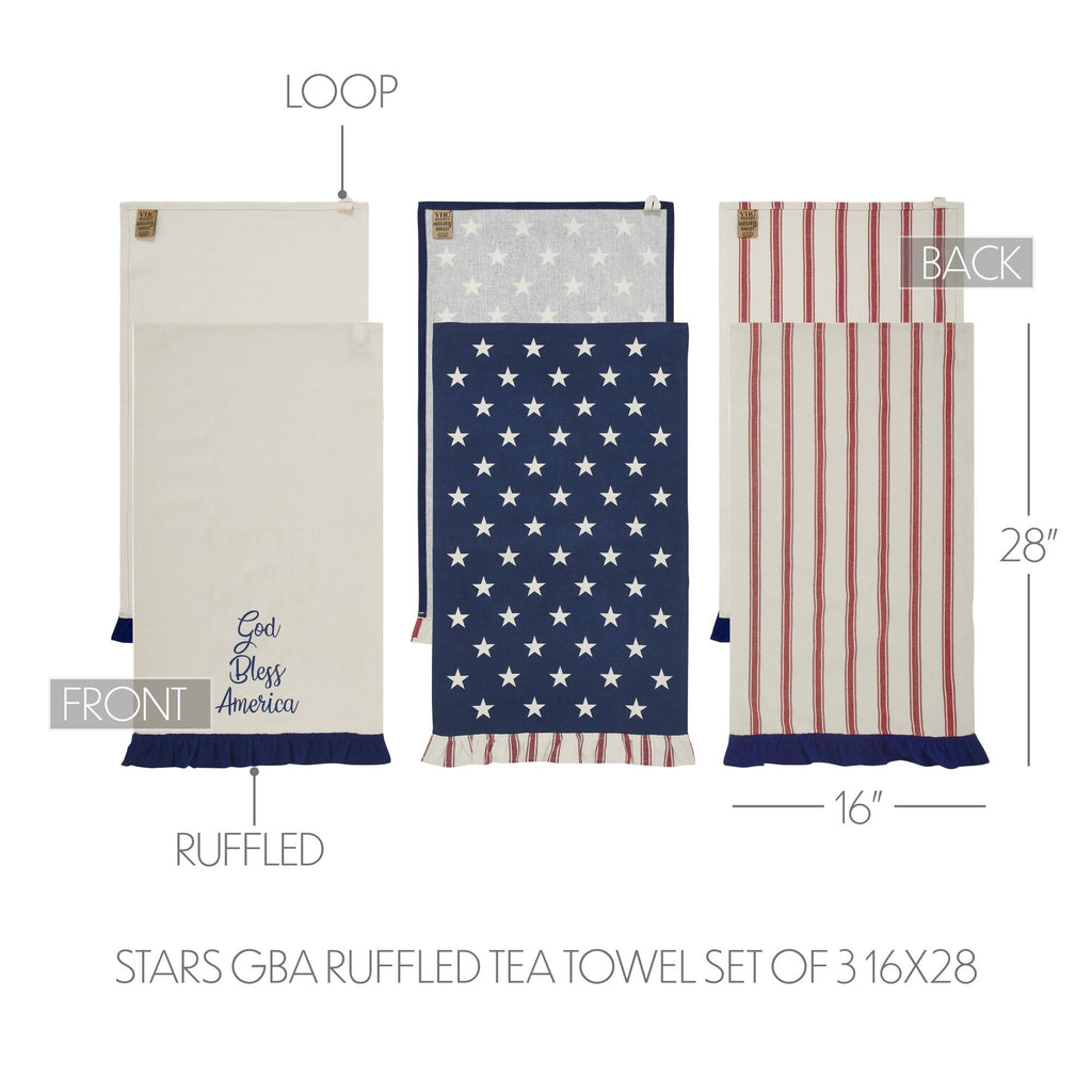 Hatteras Stars Ruffled Tea Towels Set of 3 16x28 Patriotic