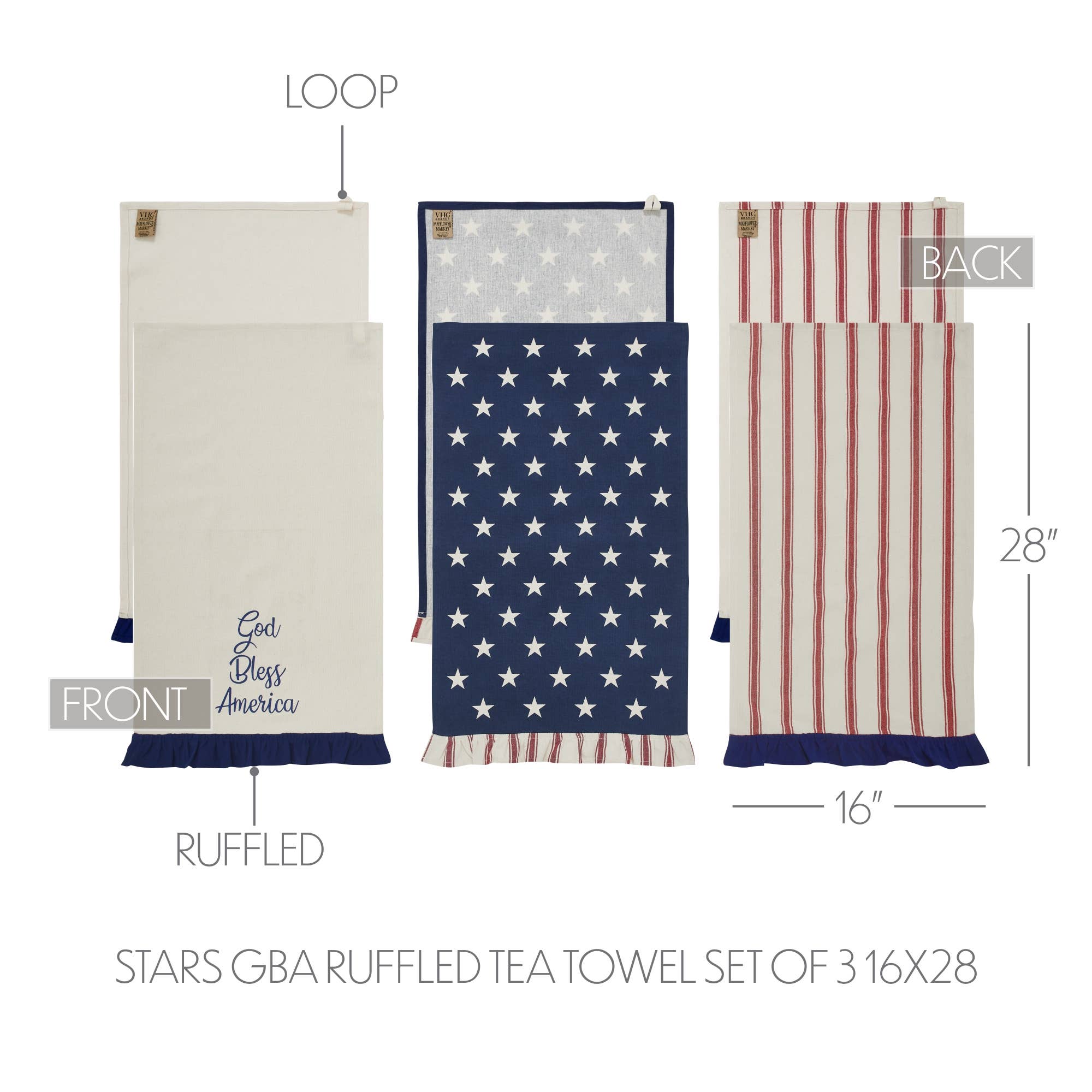 Hatteras Stars Ruffled Tea Towels Set of 3 16x28 Patriotic