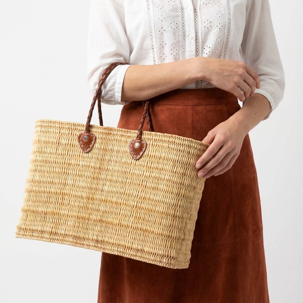 Reed Storage Baskets - Leather Handles Beach Basket: Short Handles / Set of 3
