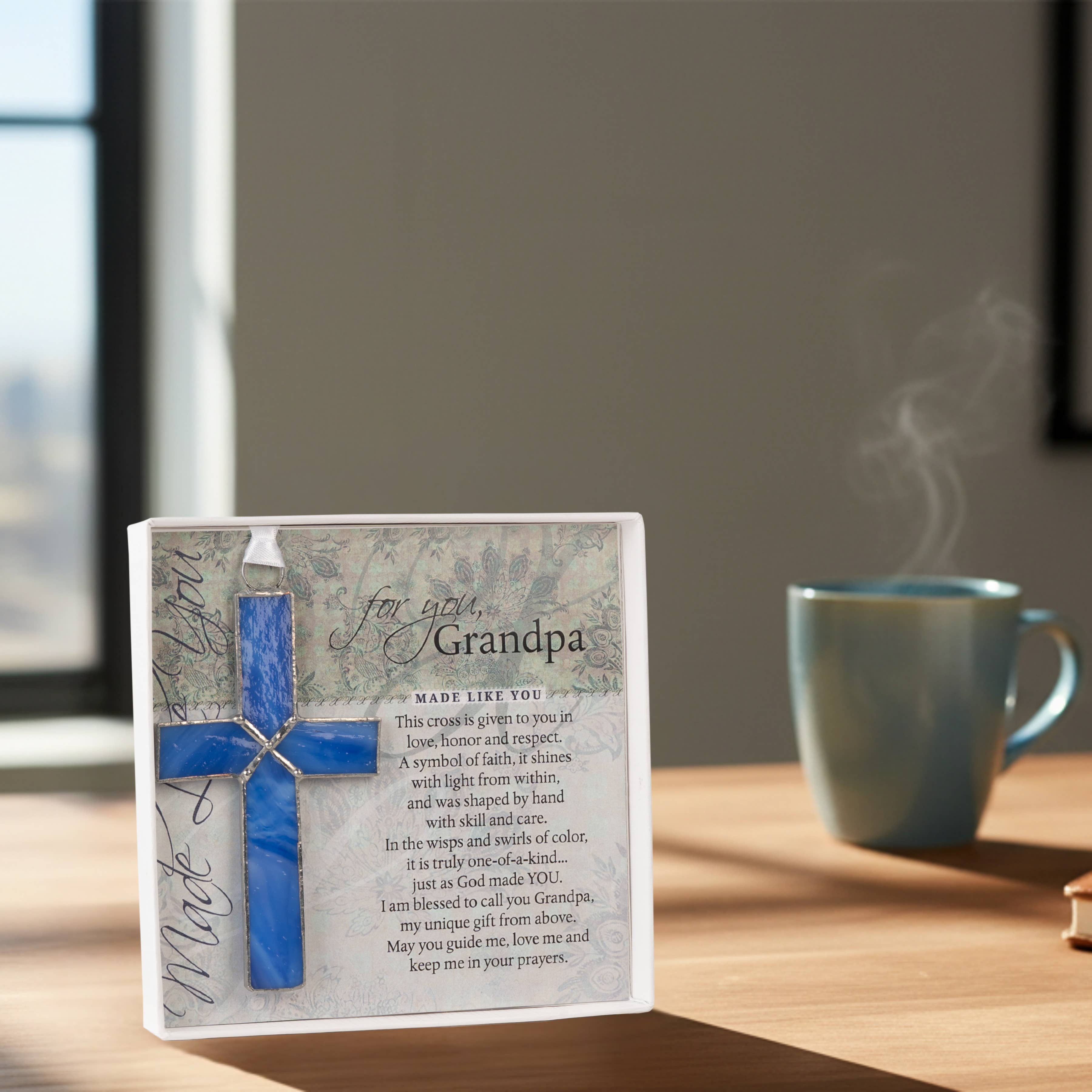 Grandpa Christian Gift: Blue Stained Glass Cross 4415SG