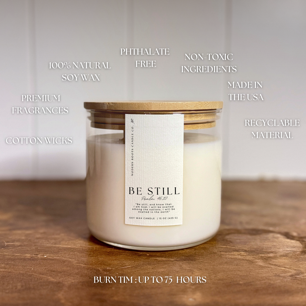 Be Still | Lavender & Sage | 15 oz. Clear Jar Soy Candle: Natural Wood Lid