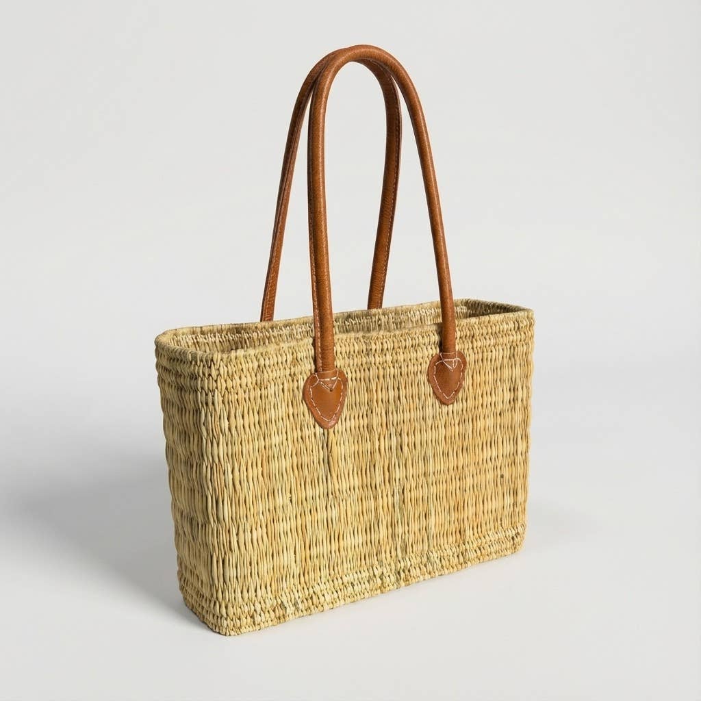 Reed Market Basket Leather Handles - Natural Woven Tote Bag: Short Handles / Set of 3