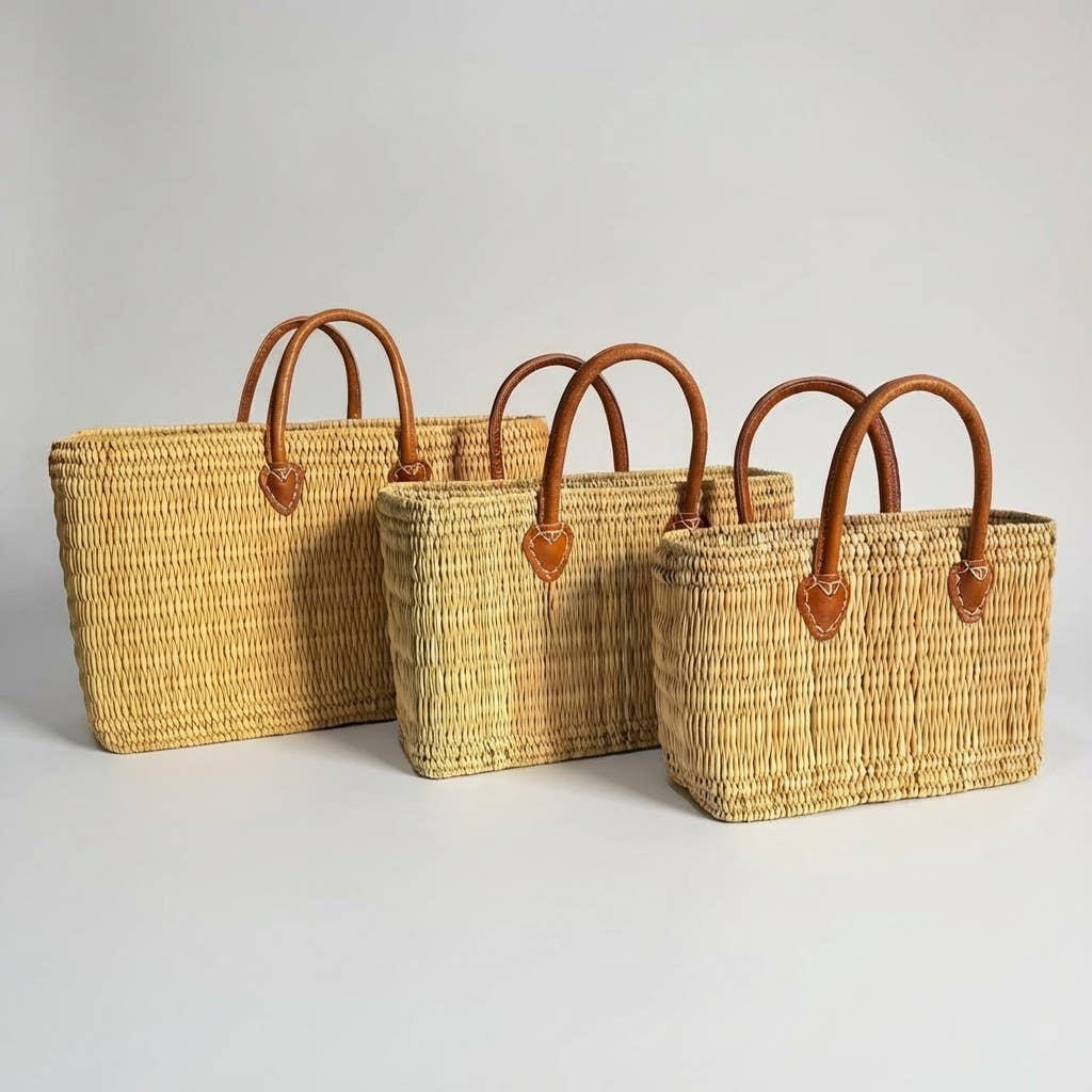 Reed Market Basket Leather Handles - Natural Woven Tote Bag: Short Handles / Set of 3